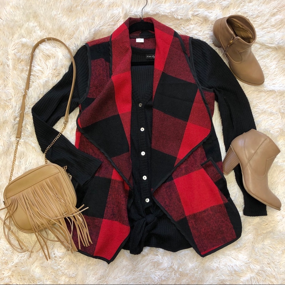 Red and black buffalo plaid draped vest